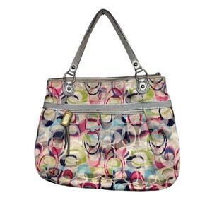Coach 19876 Colorful Signature Optic Poppy Glam Tote Large Shoulder Bag Silver